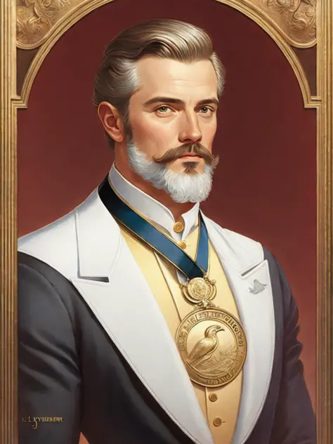 <lora:J.C.Leyendecker:1>a painting of a man with a medal around his neck and a bird on his shoulder by J.C. Leyendecker