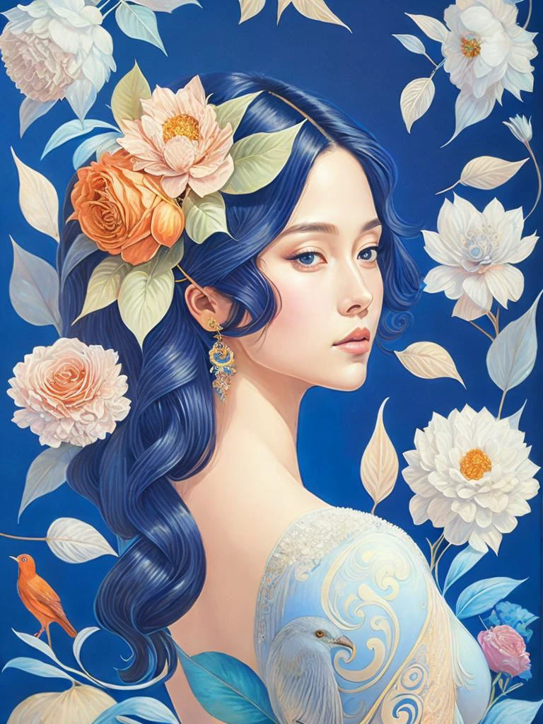 une peinture d&#39;une femme avec des fleurs et des feuilles sur la tête et un oiseau sur l&#39;épaule par James Jean