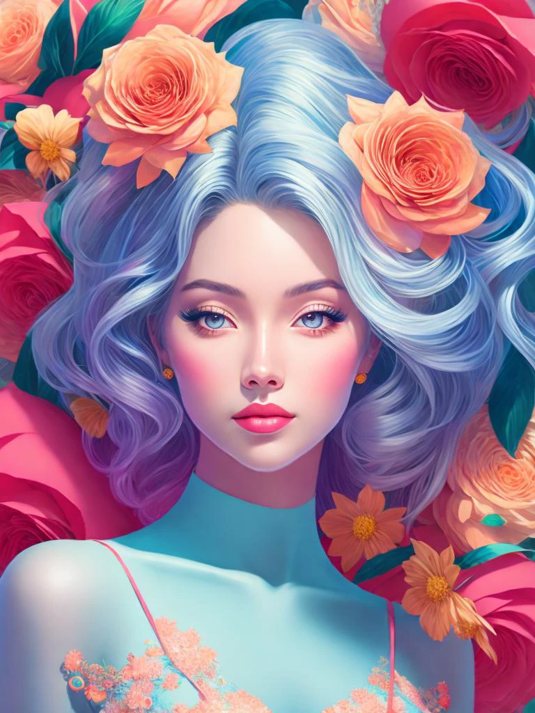 una pintura digital de una mujer con una flor en el pelo y flores en el pelo de James Jean