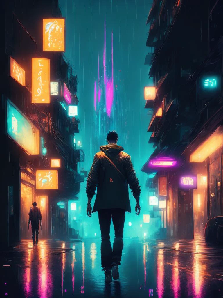 雨の夜に道を歩く男性, 大きな塔, サイバーパンク, リアルなアニメスタイル