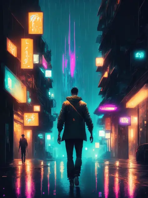 <lora:LiamWong:1>a man walking on the street at a rainny night, big towers, cyberpunk, realistic anime style