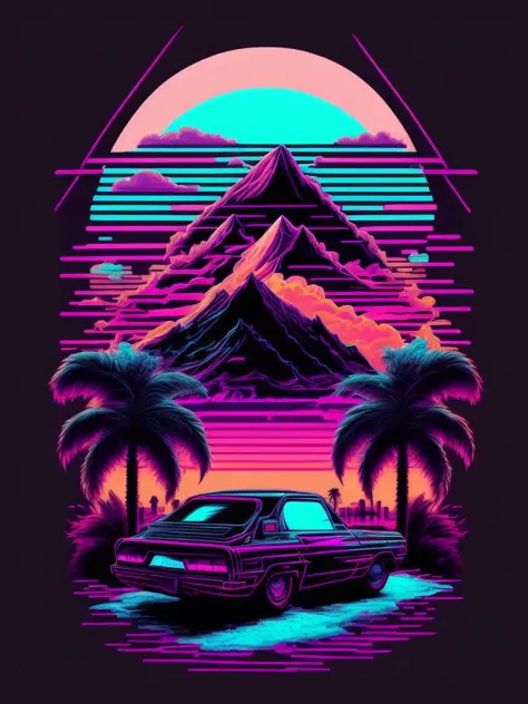 Eine Mundharmonika vor dem Sonnenuntergang, Vaporwave-Stil, Neon-Stil, glatte Linien, Vektor-Aufkleber-Kunst, Vektorkern, komplizierte Details, schwarzes T-Shirt-Design, 8k