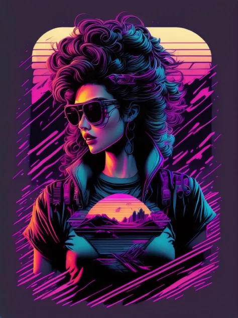 <lora:SynthwaveT-shirt:1>synthwave woman with glasses, vector logo sticker, masterwork, manga pulp style, flat shading, solid ba...