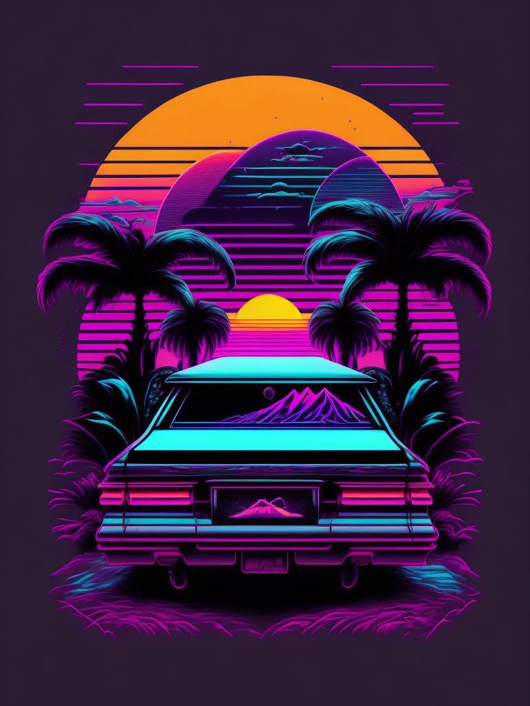 um carro funerário em frente ao pôr do sol, estilo vaporwave, estilo néon, linhas suaves, arte de adesivo vetorial, núcleo vetorial, Detalhes intrincados, design de camiseta preta, 8K