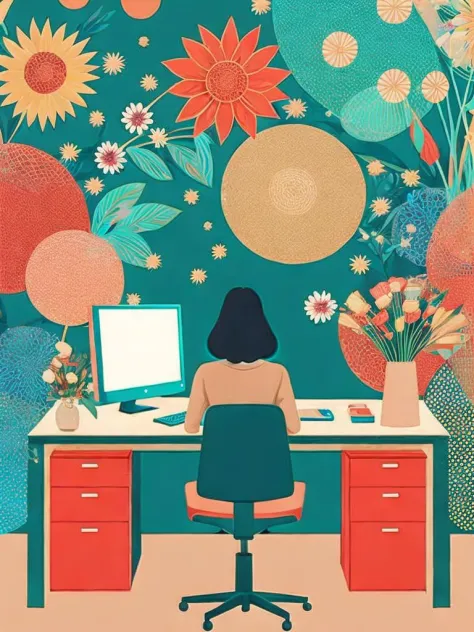<lora:VictoNgai:1>a woman sitting at a desk in front of a computer with a flowered background by Victo Ngai