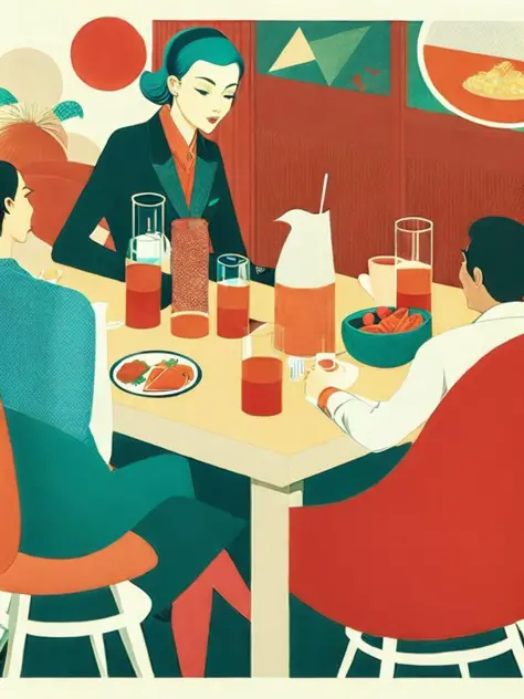 <lora:VictoNgai:1>a poster of a person sitting at a table with food and drinks in front of them by Victo Ngai