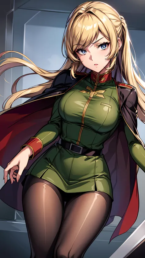 a woman in a green outfit holding a sword and a red cape