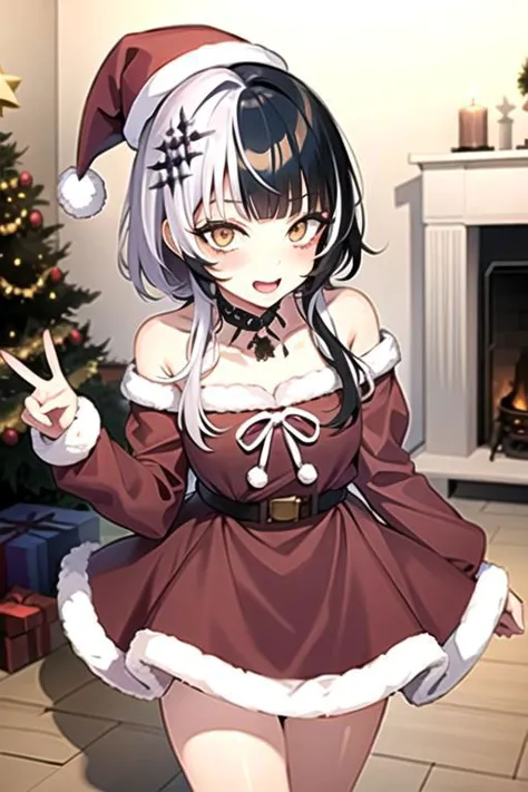 1girl, shiori_novella, long two-tone hair, santa hat, Christmas dress, fireplace back ground,