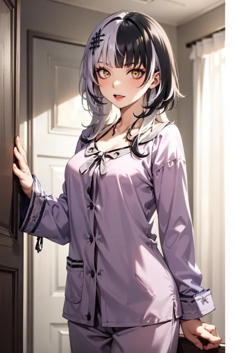 anime girl in pajamas standing in front of a door