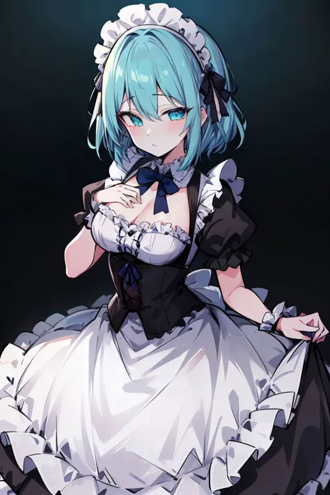 masterpiece, best quality, solo, 1girl, detailed eyes, detailed hands, detailed lighting, highres,
aqua eyes,
sornella, (center frills:1.5), buttons, white thighhighs, puffy sleeves, corset, maid headdress, frilled dress,