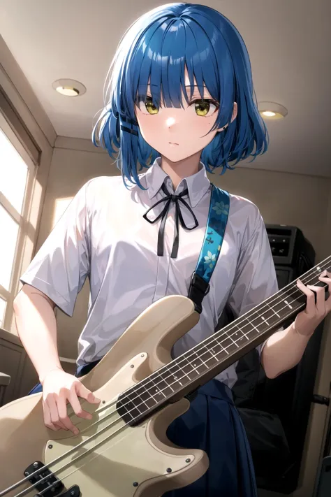 anime girl with blue hair playing a bass guitar in a room