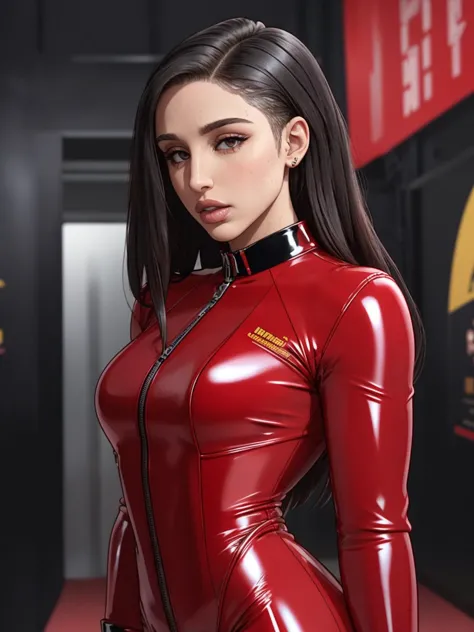 a woman in a red latex outfit posing for a picture