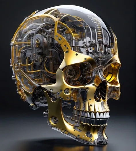 figure of biomechanical cyborg skull made of glass, transparent, see-through intricated interal mechanical metal part, metal arr...