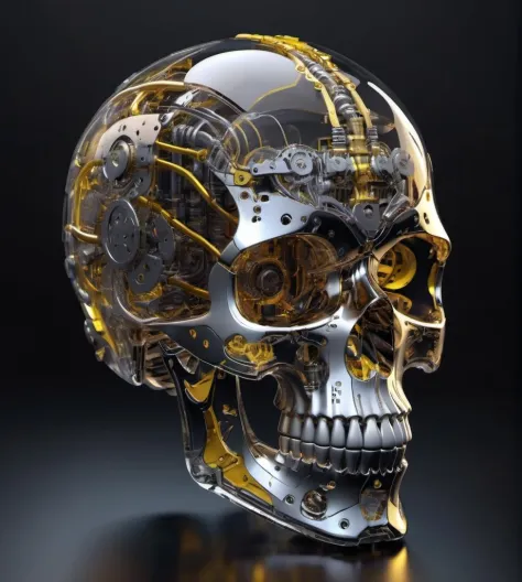figure of biomechanical cyborg skull made of glass, transparent, see-through intricated interal mechanical metal part, metal arr...