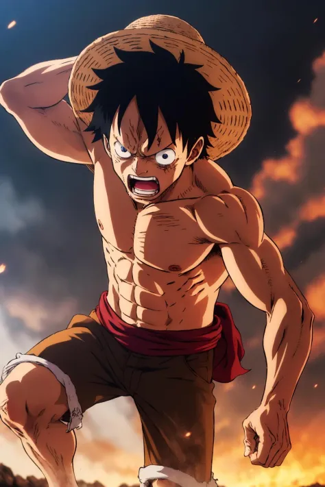 illustration of 1boy, wanostyle, monkey d luffy, angry looking, ((anime)), straw hat, ((colorful)), 8k, ((masterpiece)), HDR, highly detailed, professional <lora:onePieceWanoSagaStyle_v2Offset:1>
