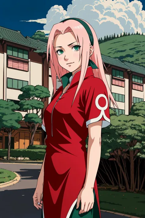 colorful, ((anime)) haruno sakura, long pink hair, green eyes, red dress, ((solo)),  8k, ((leaf village in the background)), ((masterpiece)), HDR, highly detailed, professional  