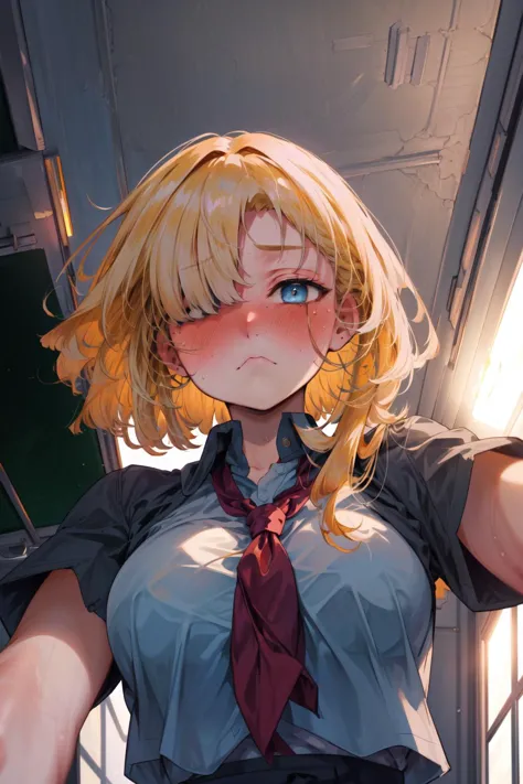 masterpiece,best quality,1girl,future princess,blonde hair,short hair,hair band,bangs,hair over one eye,blue eyes,school uniform,upper body,light frown,((shy,blush)),classroom ceiling,pov,from below,