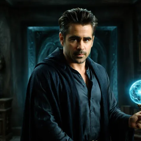 photography, colin farrell as a handsome wizard, robe, in his secret room making magical alien creature, upper body, detailed, realistic, 8k uhd, high quality, realistic, high definition, 8k, (masterpiece, best quality:1.4), professional, 4k, highly detail...