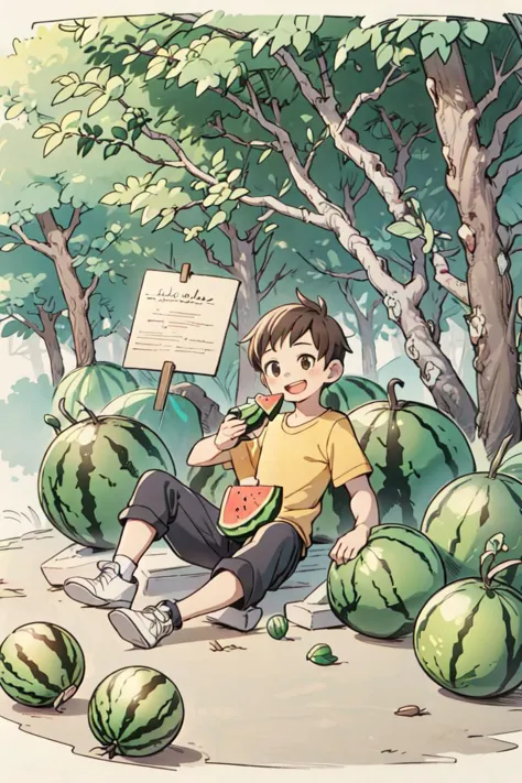 masterpiece, best quality, ruit,1boy, solo,eating,holding watermelon, (more Cut Watermelon:1.2),yellow shirt, male focus, brown hair, shirt, pants,  holding, open mouth,  sitting, smile, short sleeves,  white footwear,sky,forest, dog,