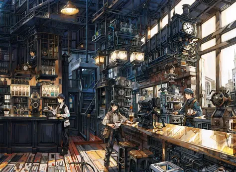 old futuristic coffeeshop seen,a barista behind the counter making coffee,and a girl drinking coffee,and a boy standing by the s...