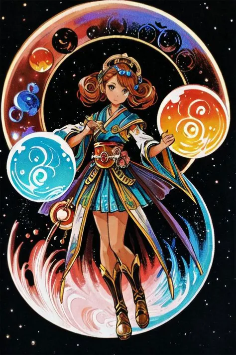 bubbles in background, solar system, floating colorful paint, swirling bubbles, dark glass skin, goddess of death, chestnut hair, diamond body, warm hue, contrast, warm tone, woods, multi colored eyes, color palette crimson, no watermark signature, dark brown eyes, bubble-wizard, japanese mythology, water bottle, rainbow clothes, futurism, featuring mythical creatures, sleeping bag, camping, color, secluded, innovative, artistry, rhythm, alternate hairstyle