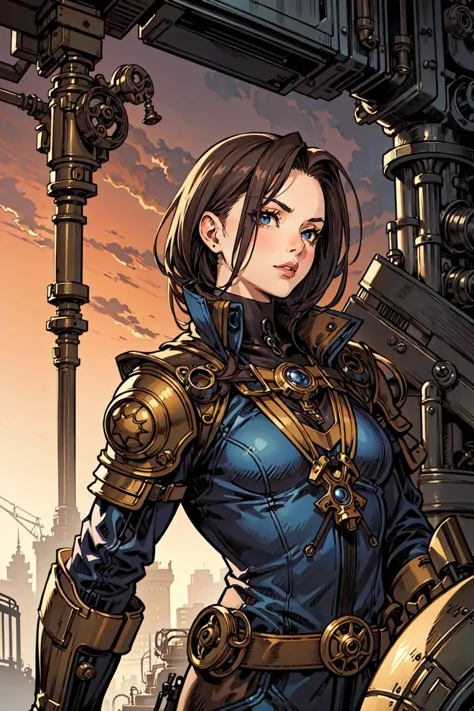 (تحفة),(أفضل جودة:1.6), (مفصلة للغاية),الفتاة مع الرجل,سكيب ميكانيكي, com.steampunk ,خلفية مفصلة,