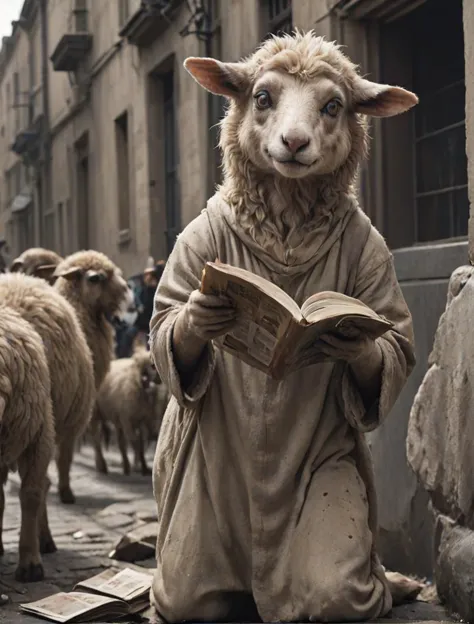 rendition, why is a sheep disguised as a derpy zealot trying hand me pamphlets about Jesus?, suspicious, cinematic, deep shadows...