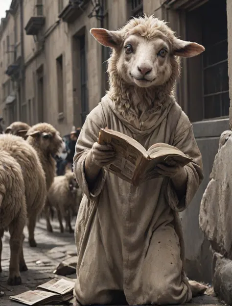 araffe dressed as a sheep reading a book in a street