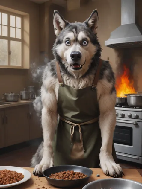 table, a rendition of a of a feral dirty husky wearing an apron and he has a confused expression in front of dirty dishes and co...