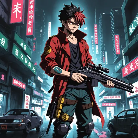 anime picture of a cyberpunk luffy holding a gun in neo tokyo, undefined