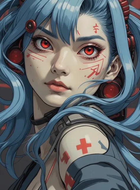 a woman with blue hair and red eyes with a cross on her shoulder