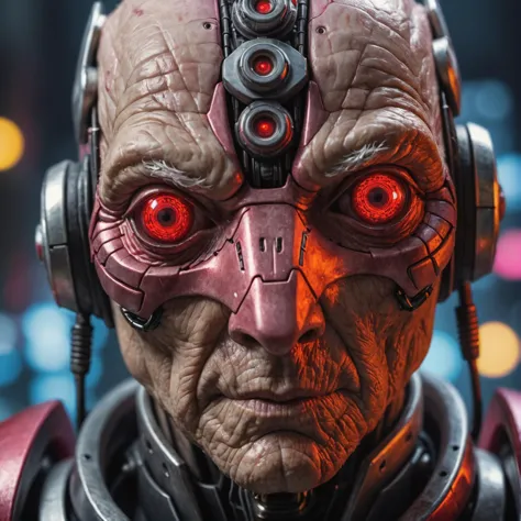 closeup picture of an old cyberpunk man red glowing robot eyes, high quality photography, 3 point lighting, flash with softbox, ...