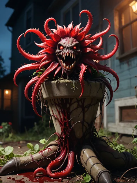 grim picture of flower pot with monster devilish carnivorous flower bloody-red glowing petals jaw with sharp teeth with tentacles thorns leg-roots growing out of it In decrepit garden near abandoned house. Horror theme. Blood splatter.  Night dim lighting
<lora:SDXL DET more_art-full_v1:0.6>, 35mm photograph film (bokeh:0.6) professional 4k highly detailed  (highlights and shadows:0.4) detailed skin texture movie