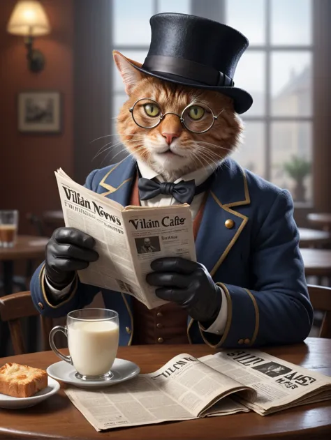 picture of cat with monocle and beard gloves hat reading newspaper title "VILLAIN NEWS" in open cafe cup of milk on table
<lora:...