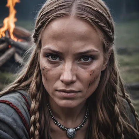 Epic closeup photo insane details of an 25 years old viking woman in a nordic outfit is sitting on a campfire , undefined