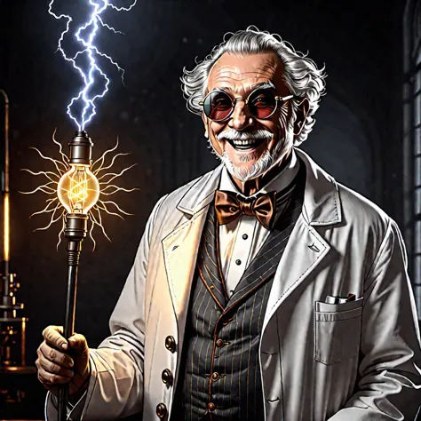 ((line art drawing)), old evil scientist,  psycho, laughing, science coat, dark experiments, electricity sparks, victorian, dark science lab, steampunk sun glasses, dark atmosphere, Homunculus . highly detailed . professional, sleek, modern, minimalist, graphic, line art, vector graphics, high quality photography, 3 point lighting, flash with softbox, 4k, Canon EOS R3, hdr, smooth, sharp focus, high resolution, award winning photo, 80mm, f2.8, bokeh