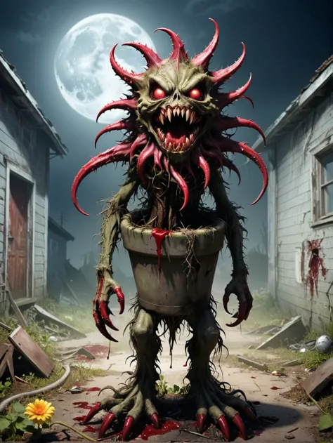 a picture of a creepy monster with a pot full of blood