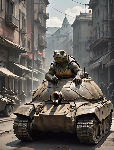 rendition, why is a turtle disguised as a warlord trying to buy a tank?, suspicious, strange, cinematic, deep shadows, concept a...