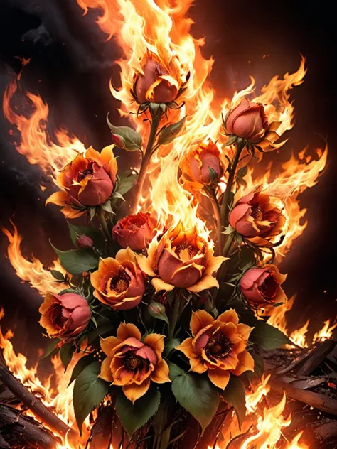 flames are rising from a vase of flowers on a black background