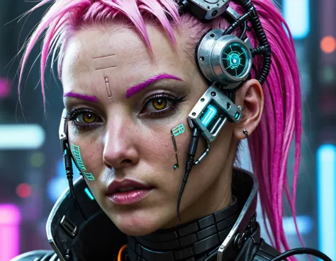 arafed woman with pink hair and headphones on in a futuristic city