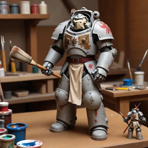 <lora:Space_Marine_Terminator_SDXL:1>, fully armored miniature toy trmntr wearing a painter's smock, standing on a giant wooden ...