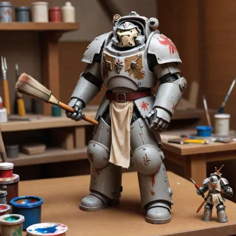 <lora:Space_Marine_Terminator_SDXL:1>, fully armored miniature toy trmntr wearing a painter's smock, standing on a giant wooden table in a workshop holding a large brush and painting another figurine