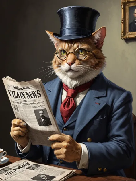 picture of cat with monocle and beard reading newspaper title "VILLAIN NEWS"
<lora:SDXL DET more_art-full_v1:0:hr=0.6>, masterpiece, best quality, high quality, highres, ultra-detailed