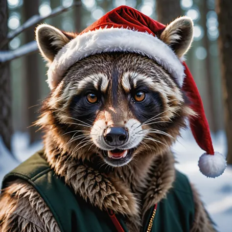 face portrait from an anthro male raccoon wearing a christmas hat in a winter forest , fangs, realistic fur,RAW candid cinema, 1...