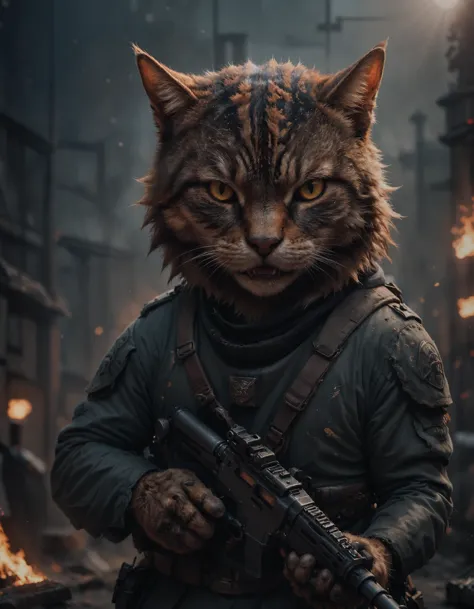 cinematic photo closeup of an cut cat soldier holding his detailed ak47 towards the camera, fangs , paws, angry, high quality ph...