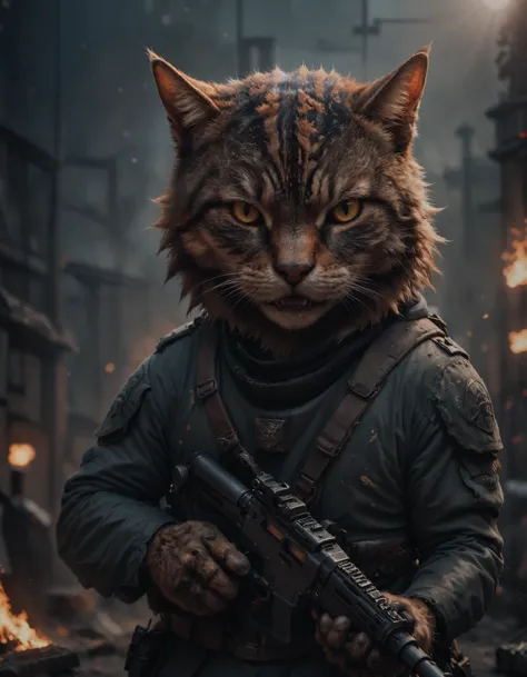 a cat in a military outfit holding a rifle in front of a fire