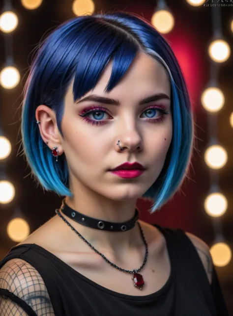 face portrait of a 20 years old woman , gothic short blue hair, ruby piercing, high quality photography, 3 point lighting, flash...