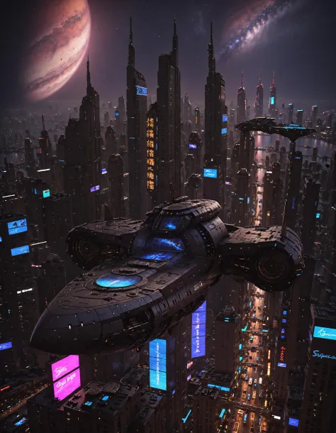 detailed artwork of cbbebop spaceship over a cyberpunk city at night detailed, neon lights, epic sky, undefined