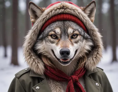 closeup photo anthro female wolf wearing a coat, skirt, and beanie, fangs