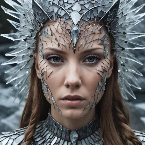 Epic closeup photo insane details of an 25 years old viking woman in a nordic outfit made of glass shards , undefined